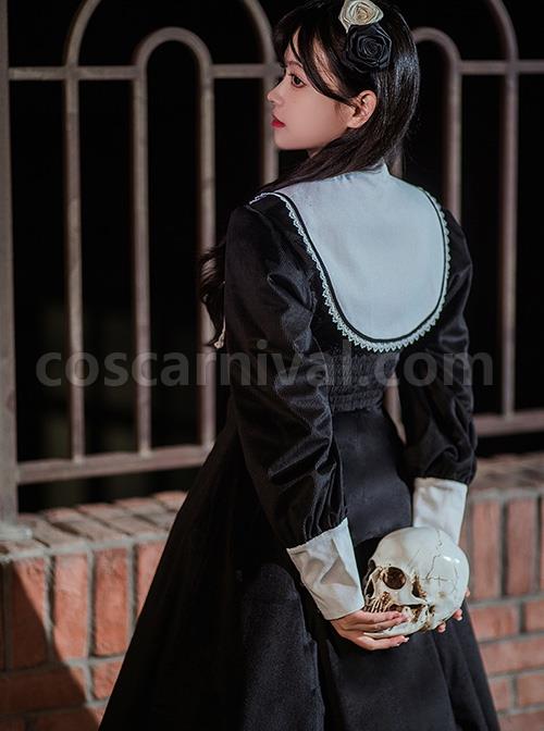 Twilight Prayer Series Nun Style False Collar Detachable Early Spring Retro Lantern Sleeve Gothic Lolita Long Sleeve Dress coscarnival