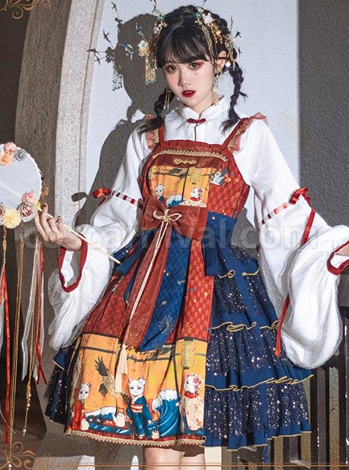 Ukiyo-Series-JSK-Japanese-Style-Fine-Print-Blue-Three-Layer-Hem-Bow-Knot-Girdle-Decoration-Sleeveless-Dress-Set-coscarnival-1952