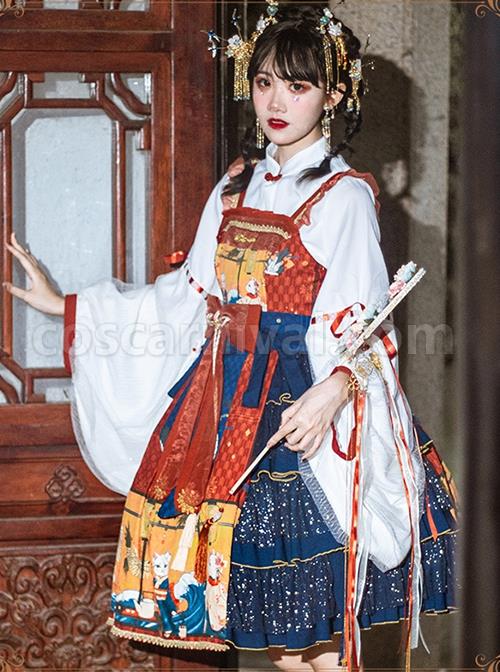 Ukiyo-Series-JSK-Japanese-Style-Fine-Print-Blue-Three-Layer-Hem-Bow-Knot-Girdle-Decoration-Sleeveless-Dress-Set-coscarnival-1958