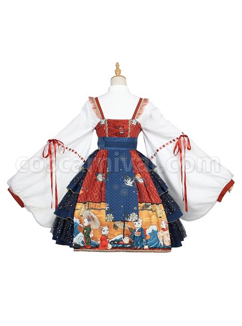 Ukiyo-Series-JSK-Japanese-Style-Fine-Print-Blue-Three-Layer-Hem-Bow-Knot-Girdle-Decoration-Sleeveless-Dress-Set-coscarnival-1964