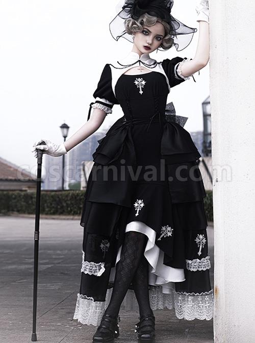 Undead Prayer Series Nun Style Black-White Cross Embroidered Fishtail Skirt Lace Cover Skirt Gothic Lolita Short-Sleeved Dress coscarnival