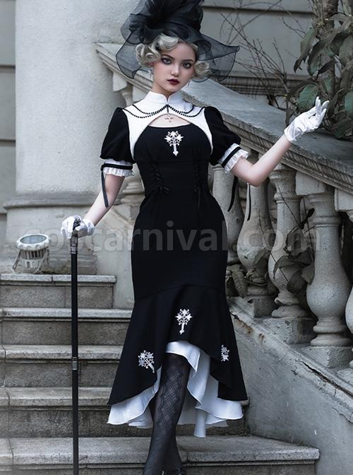 Undead Prayer Series Nun Style Black-White Cross Embroidered Fishtail Skirt Lace Cover Skirt Gothic Lolita Short-Sleeved Dress coscarnival