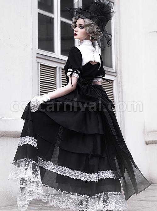 Undead Prayer Series Nun Style Black-White Cross Embroidered Fishtail Skirt Lace Cover Skirt Gothic Lolita Short-Sleeved Dress coscarnival
