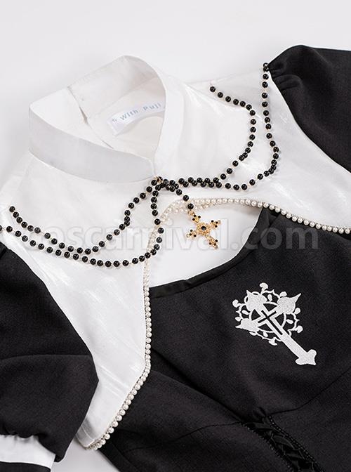 Undead Prayer Series Nun Style Black-White Cross Embroidered Fishtail Skirt Lace Cover Skirt Gothic Lolita Short-Sleeved Dress coscarnival