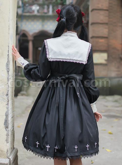 Unknown Poem Series Cross Embroidery Gothic Lolita Black Long Sleeve Dress coscarnival