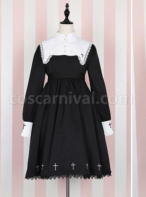 Unknown Poem Series Cross Embroidery Gothic Lolita Black Long Sleeve Dress coscarnival