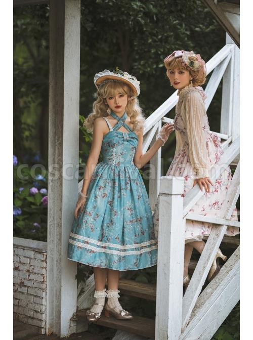 Vintage-Elegant-Small-Floral-Print-Jacquard-Lace-Decoration-Pleated-Double-Row-Pearl-Classic-Lolita-Detachable-Halter-Neck-Design-Dress-coscarnival-1927