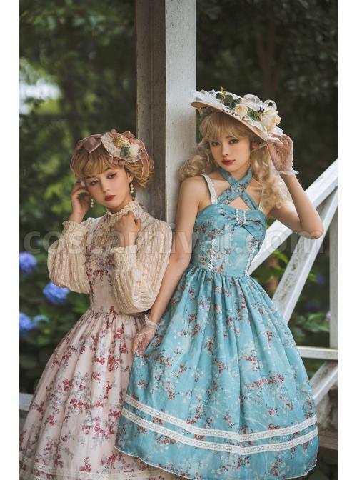 Vintage-Elegant-Small-Floral-Print-Jacquard-Lace-Decoration-Pleated-Double-Row-Pearl-Classic-Lolita-Detachable-Halter-Neck-Design-Dress-coscarnival-1934