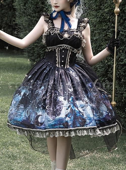 Vintage Gorgeous Fairy Fish Fantasy Print Lace Square Neck Elegant Bead Chain Decorate Gothic Lolita Sleeveless Dress coscarnival