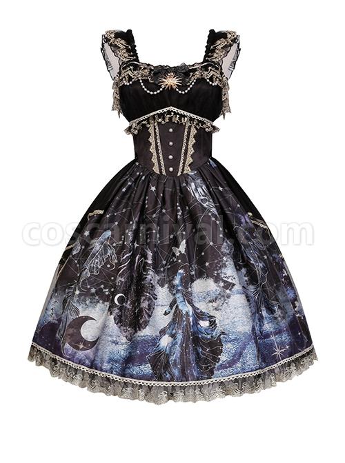 Vintage Gorgeous Fairy Fish Fantasy Print Lace Square Neck Elegant Bead Chain Decorate Gothic Lolita Sleeveless Dress coscarnival