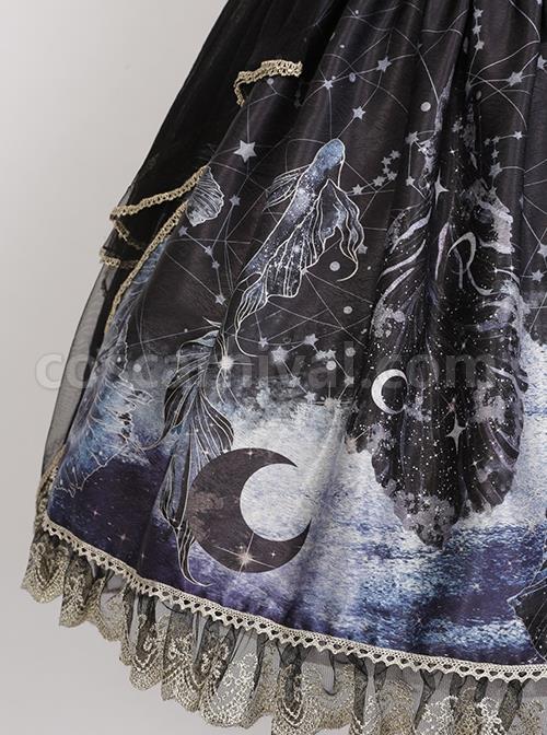 Vintage Gorgeous Fairy Fish Fantasy Print Lace Square Neck Elegant Bead Chain Decorate Gothic Lolita Sleeveless Dress coscarnival