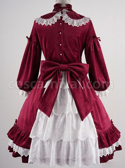 Vintage Velvet Pearl Jacquard Lace Gorgeous Back Slit Bowknot Gothic Lolita Long Sleeve Dress coscarnival