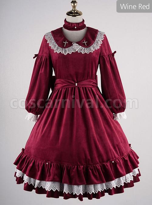 Vintage Velvet Pearl Jacquard Lace Gorgeous Back Slit Bowknot Gothic Lolita Long Sleeve Dress coscarnival