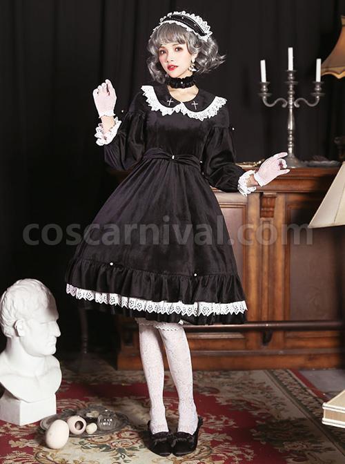 Vintage Velvet Pearl Jacquard Lace Gorgeous Back Slit Bowknot Gothic Lolita Long Sleeve Dress coscarnival