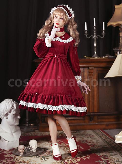 Vintage Velvet Pearl Jacquard Lace Gorgeous Back Slit Bowknot Gothic Lolita Long Sleeve Dress coscarnival