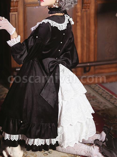 Vintage Velvet Pearl Jacquard Lace Gorgeous Back Slit Bowknot Gothic Lolita Long Sleeve Dress coscarnival