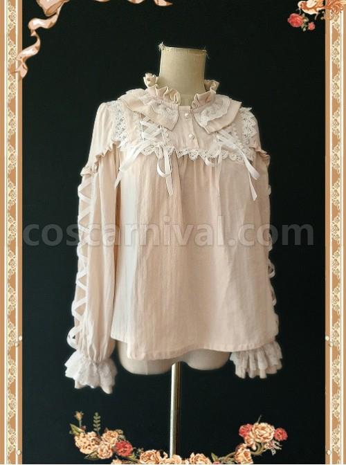 Warm Milk Tea Pure Cotton Apricot Color Lace Puff Sleeve Classic Lolita Shirt coscarnival