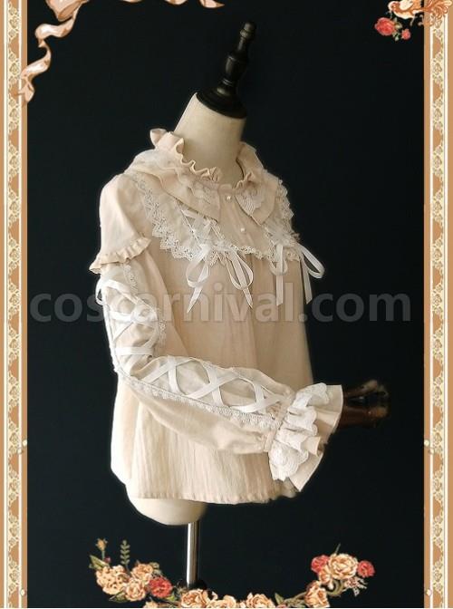 Warm Milk Tea Pure Cotton Apricot Color Lace Puff Sleeve Classic Lolita Shirt coscarnival