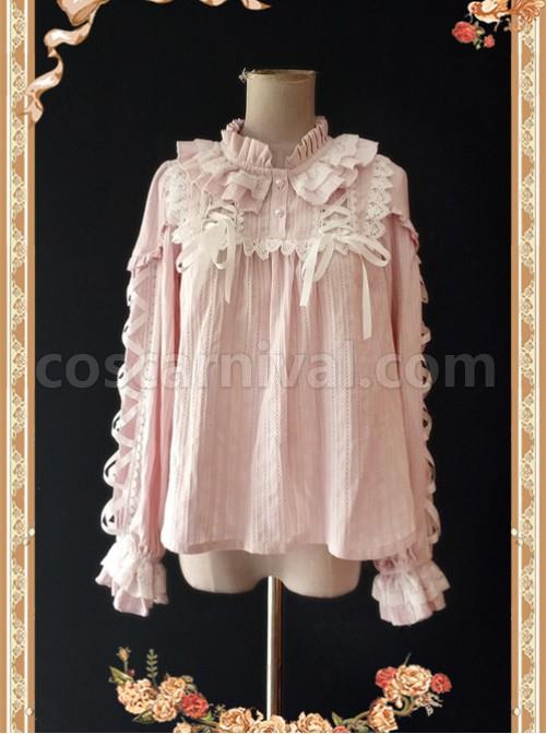 Warm Milk Tea Pure Cotton Pastel Violet Lace Puff Sleeve Classic Lolita Shirt coscarnival