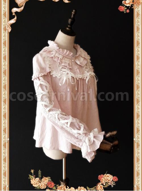 Warm Milk Tea Pure Cotton Pastel Violet Lace Puff Sleeve Classic Lolita Shirt coscarnival