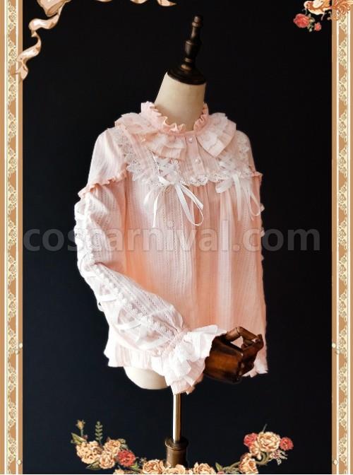 Warm Milk Tea Pure Cotton Pink Lace Puff Sleeve Classic Lolita Shirt coscarnival