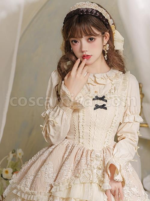 Warm Wind Series Solid Color Retro Elegant All-Match Round Neck Rose Button Puff Sleeve Classic Lolita Long-Sleeved Shirt coscarnival