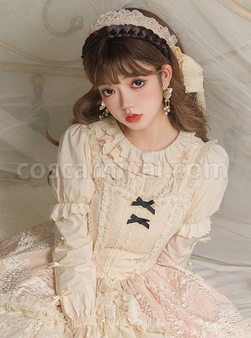 Warm Wind Series Solid Color Retro Elegant All-Match Round Neck Rose Button Puff Sleeve Classic Lolita Long-Sleeved Shirt coscarnival