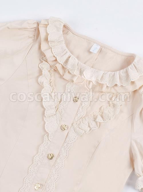 Warm Wind Series Solid Color Retro Elegant All-Match Round Neck Rose Button Puff Sleeve Classic Lolita Long-Sleeved Shirt coscarnival