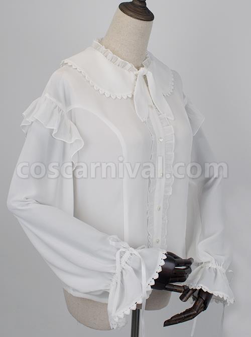 White Chiffon Cute Rabbit Ears Doll Collar Classic Lolita Long Sleeve Shirt coscarnival