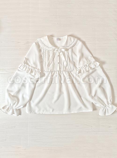 White Chiffon Doll Neckline Pleated Ruffle Detachable Long Sleeves Classic Lolita Shirt coscarnival
