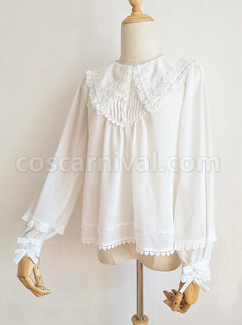 White Chiffon Pointed Collar Classic Lolita Puff Sleeve Long Sleeve Shirt coscarnival