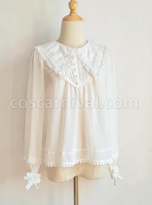 White Chiffon Pointed Collar Classic Lolita Puff Sleeve Long Sleeve Shirt coscarnival