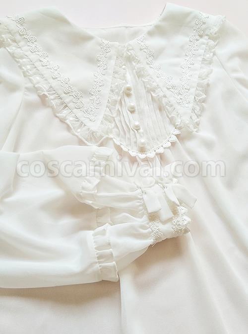 White Chiffon Pointed Collar Classic Lolita Puff Sleeve Long Sleeve Shirt coscarnival