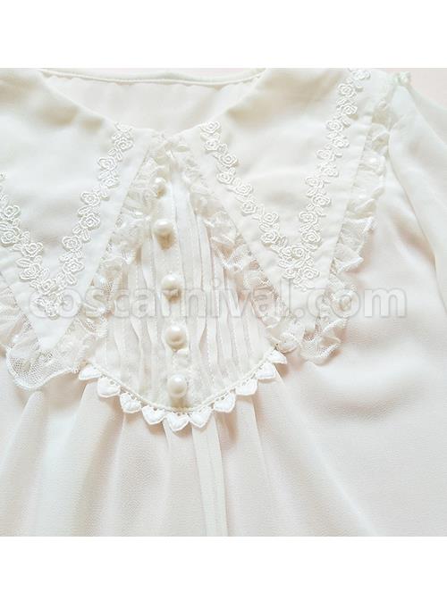 White Chiffon Pointed Collar Classic Lolita Puff Sleeve Long Sleeve Shirt coscarnival