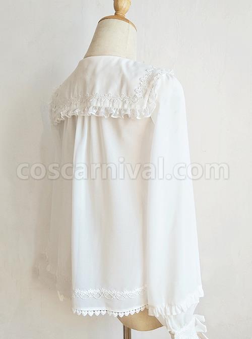 White Chiffon Pointed Collar Classic Lolita Puff Sleeve Long Sleeve Shirt coscarnival