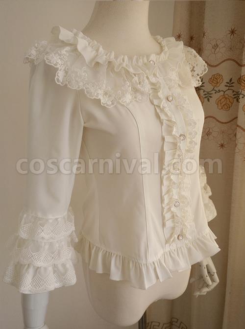 White Chiffon Ruffles Classic Lolita Seven-quarter Sleeve Shirt coscarnival