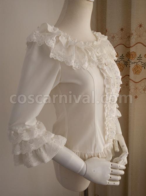 White Chiffon Ruffles Classic Lolita Seven-quarter Sleeve Shirt coscarnival