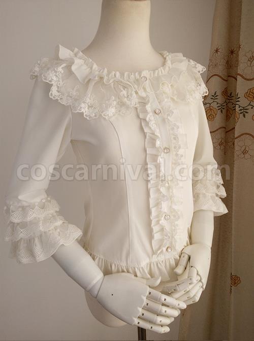 White Chiffon Ruffles Classic Lolita Seven-quarter Sleeve Shirt coscarnival