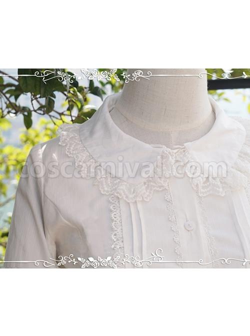 White Cotton Crinkle Lace Cute Doll Neckline Classic Lolita Long Sleeve Shirt coscarnival