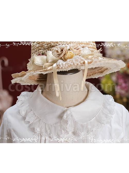 White Cotton Crinkle Lace Cute Doll Neckline Classic Lolita Long Sleeve Shirt coscarnival