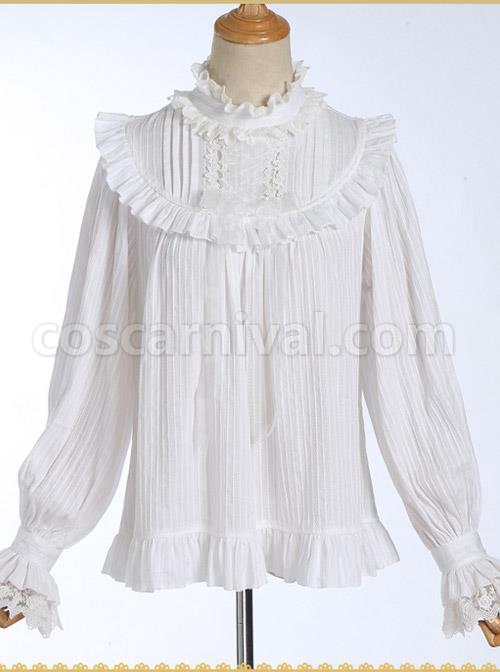 White Cotton Little High Collar Classic Lolita Long Sleeve Shirt coscarnival