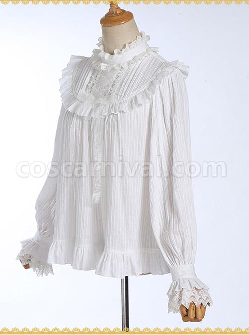 White Cotton Little High Collar Classic Lolita Long Sleeve Shirt coscarnival