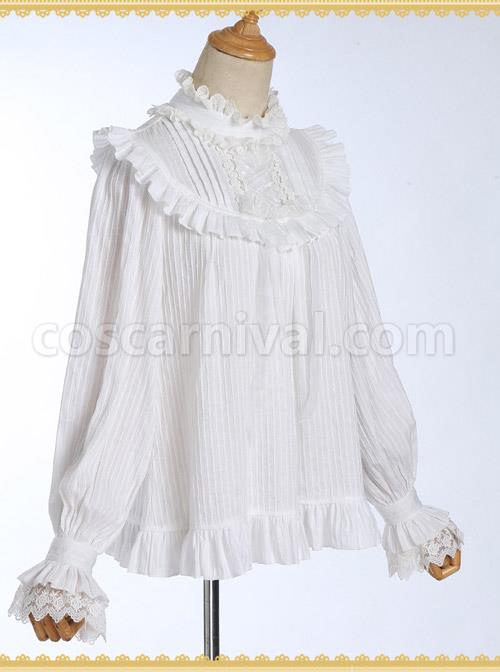 White Cotton Little High Collar Classic Lolita Long Sleeve Shirt coscarnival