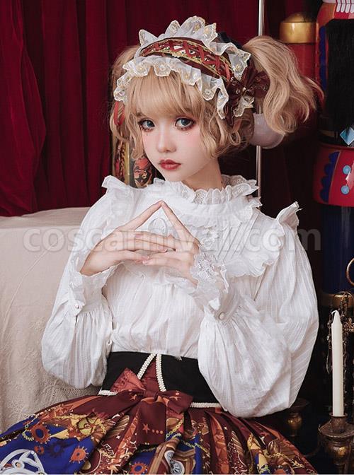 White Cotton Little High Collar Classic Lolita Long Sleeve Shirt coscarnival