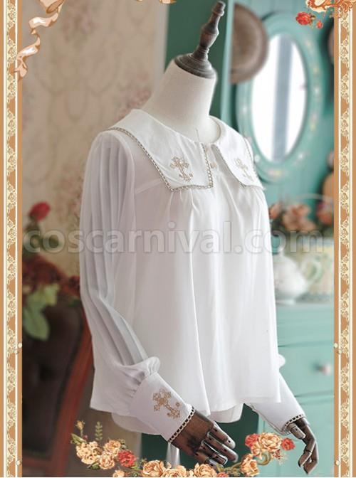 White Crucifix Chiffon Embroidery Square Neckline Lolita Long Sleeve Shirt coscarnival