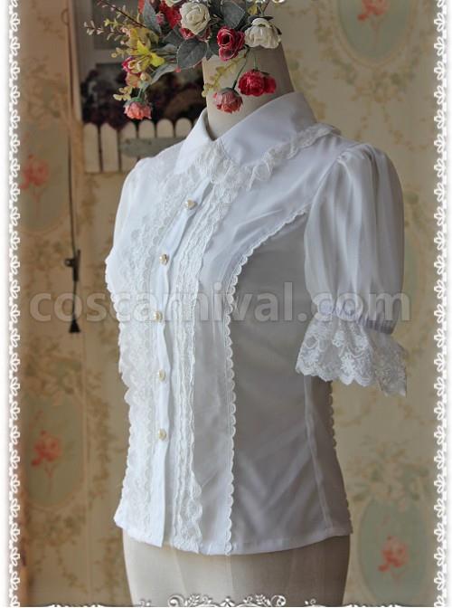 White Elegance Lace Glass Stripes Short Sleeve Lolita Shirt coscarnival