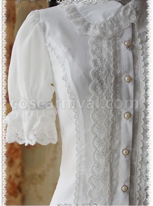 White Elegance Lace Glass Stripes Short Sleeve Lolita Shirt coscarnival
