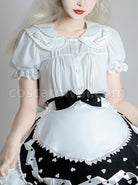 White Everyday Cute Transparent Love Button Puff Sleeve Lace Classic Lolita Short Shirt coscarnival