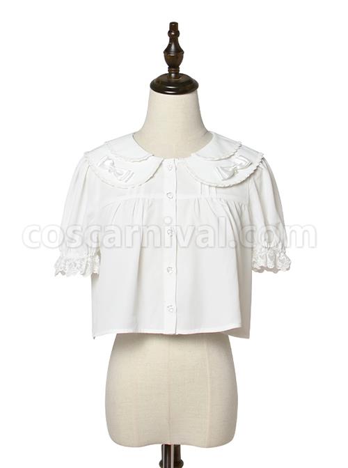 White Everyday Cute Transparent Love Button Puff Sleeve Lace Classic Lolita Short Shirt coscarnival