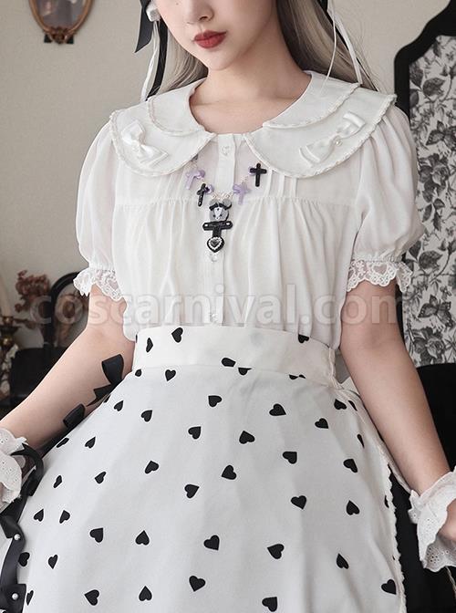 White Everyday Cute Transparent Love Button Puff Sleeve Lace Classic Lolita Short Shirt coscarnival